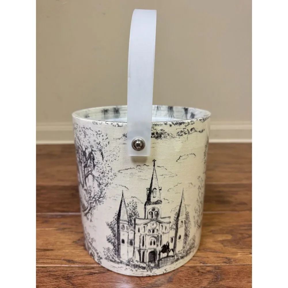 VINTAGE - ICE BUCKET Lidded with Handle, Toile New Orleans Print Fabric, Acrylic